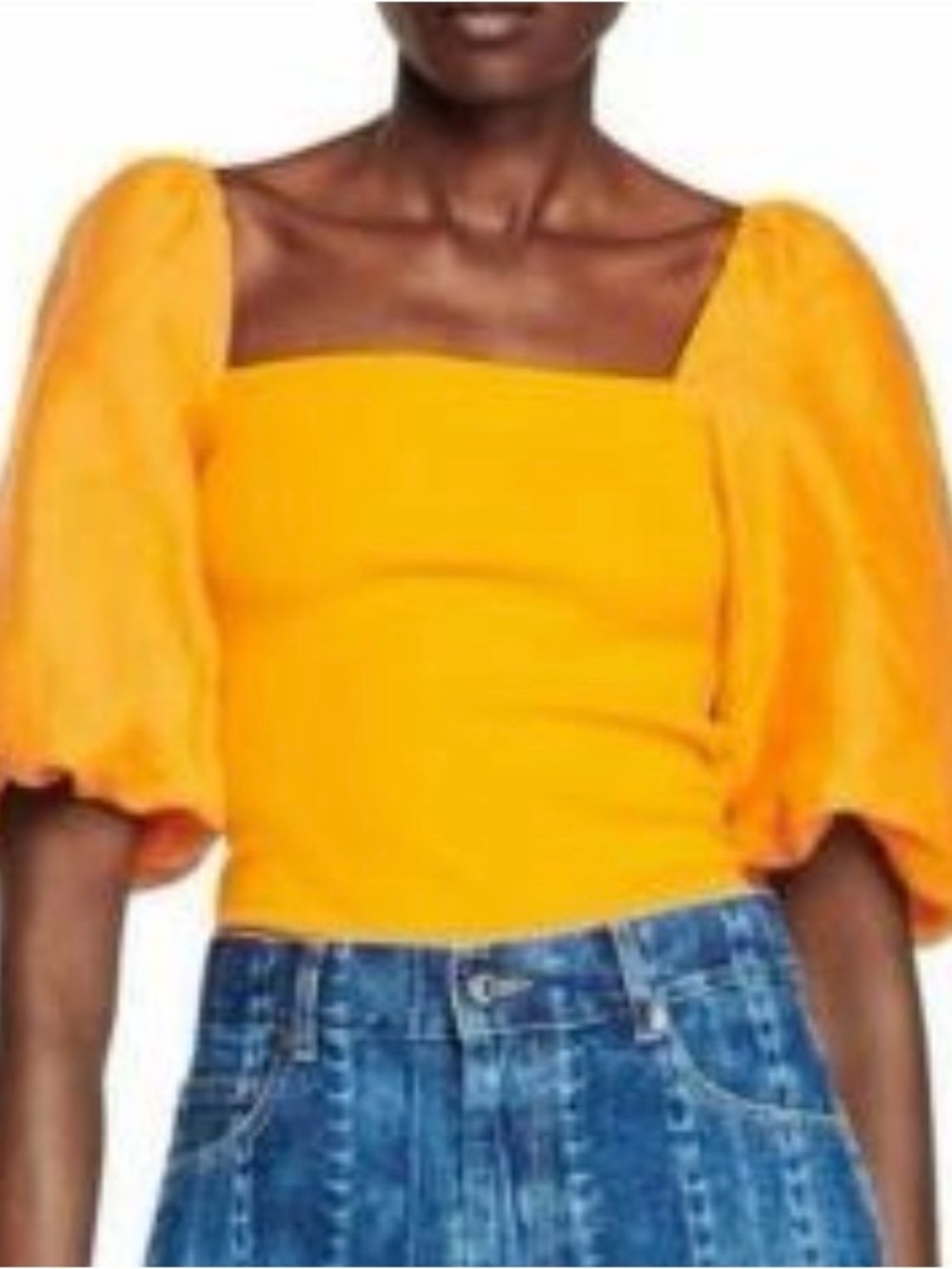 Sandro Yellow Puff-Sleeve Square Neck Crop Top